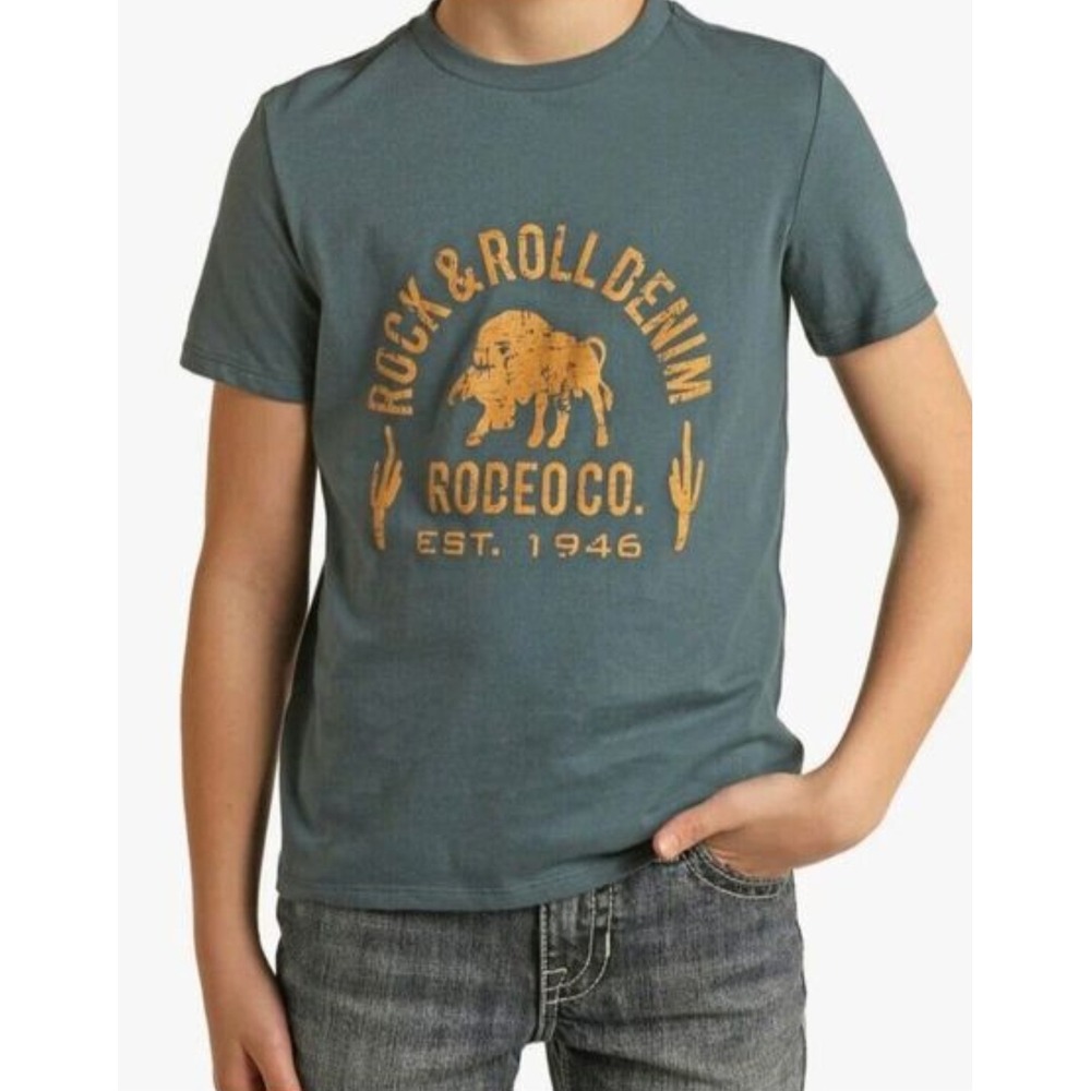 Rock and Roll Denim Boys Teal Rodeo Co Buffalo Graphic T-Shirt New